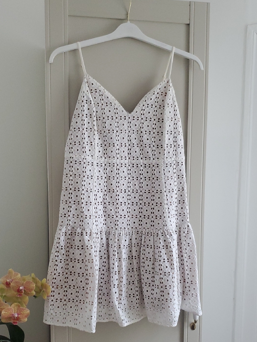 Michael Kors White Eyelet Spaghetti-Strap Tiered Mini Dress